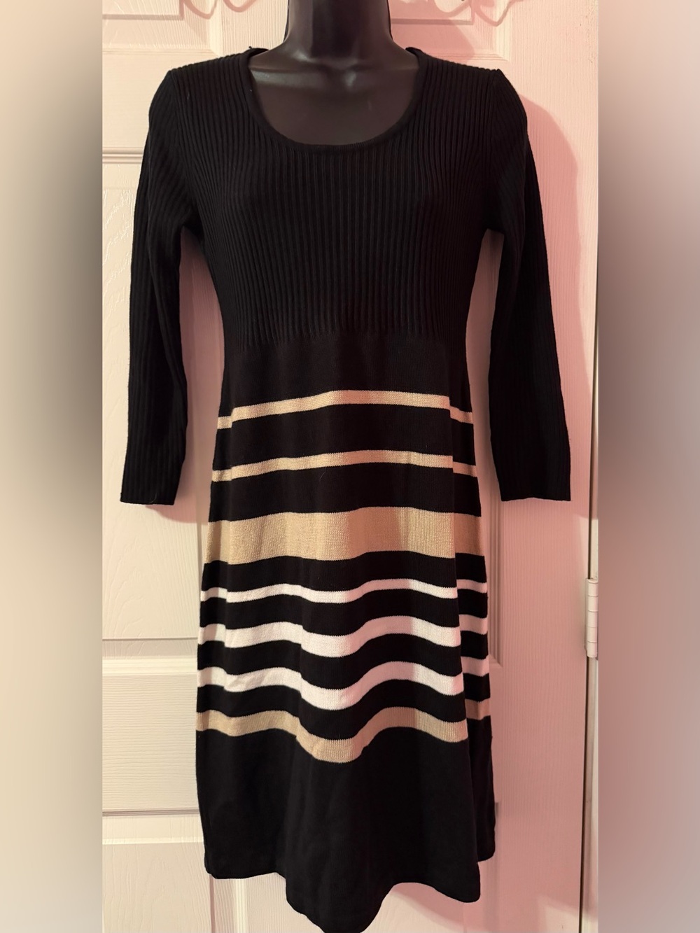 Classic Black Long-Sleeve Knit Dress with Cream and White Stripes Size SML